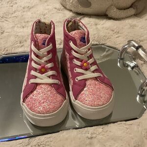 Kids Pink Glitter High-Top Sneakers with Flower Charm